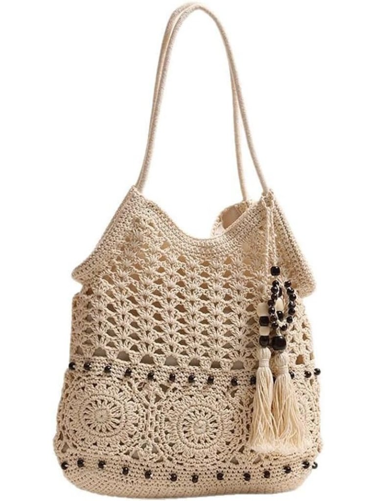 Women's Beige Crochet Hobo Bag Fashion Tassels Shoulder Bag Boho Beach Handbag